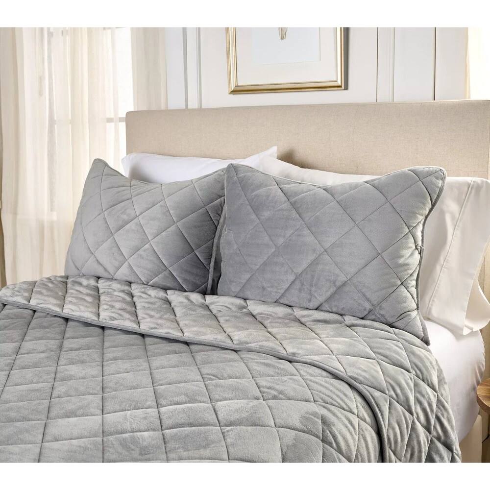Home Reflections Plush Diamond Quilted Comforter Set Twin Gray Velvet Plush